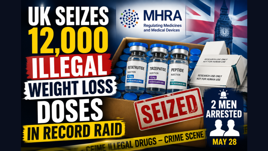 News-style thumbnail showing the UK MHRA's largest seizure of illegal weight loss medicines, featuring confiscated pharmaceutical products, seized drug containers, and enforcement action against unlicensed weight loss drug manufacturing.