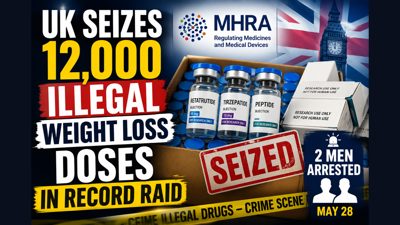 News-style thumbnail showing the UK MHRA's largest seizure of illegal weight loss medicines, featuring confiscated pharmaceutical products, seized drug containers, and enforcement action against unlicensed weight loss drug manufacturing.