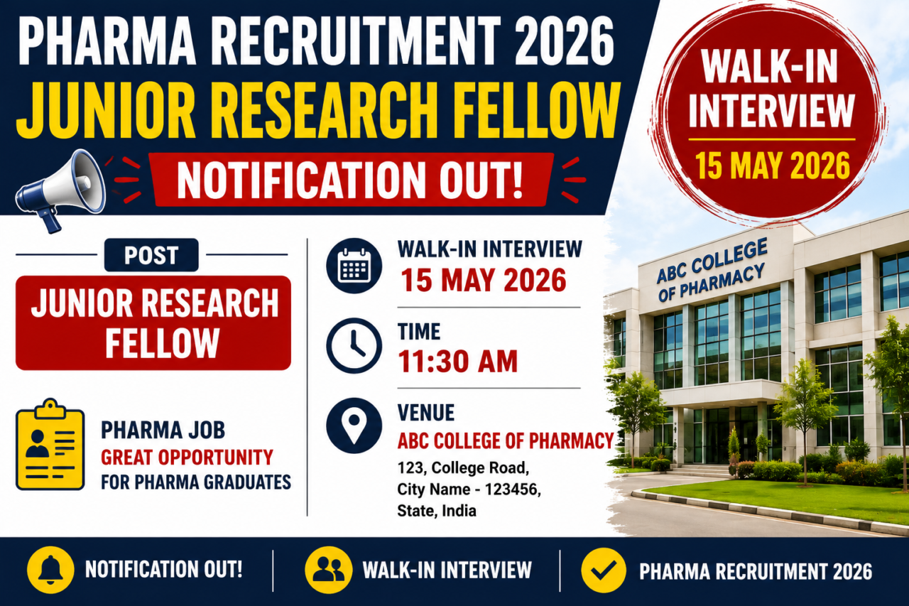 Pharma Recruitment 2026 Junior Research Fellow walk-in interview thumbnail with interview date 15 May 2026 and notification out banner.
