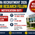 Pharma Recruitment 2026 Junior Research Fellow walk-in interview thumbnail with interview date 15 May 2026 and notification out banner.