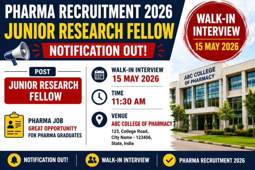 Pharma Recruitment 2026 Junior Research Fellow walk-in interview thumbnail with interview date 15 May 2026 and notification out banner.
