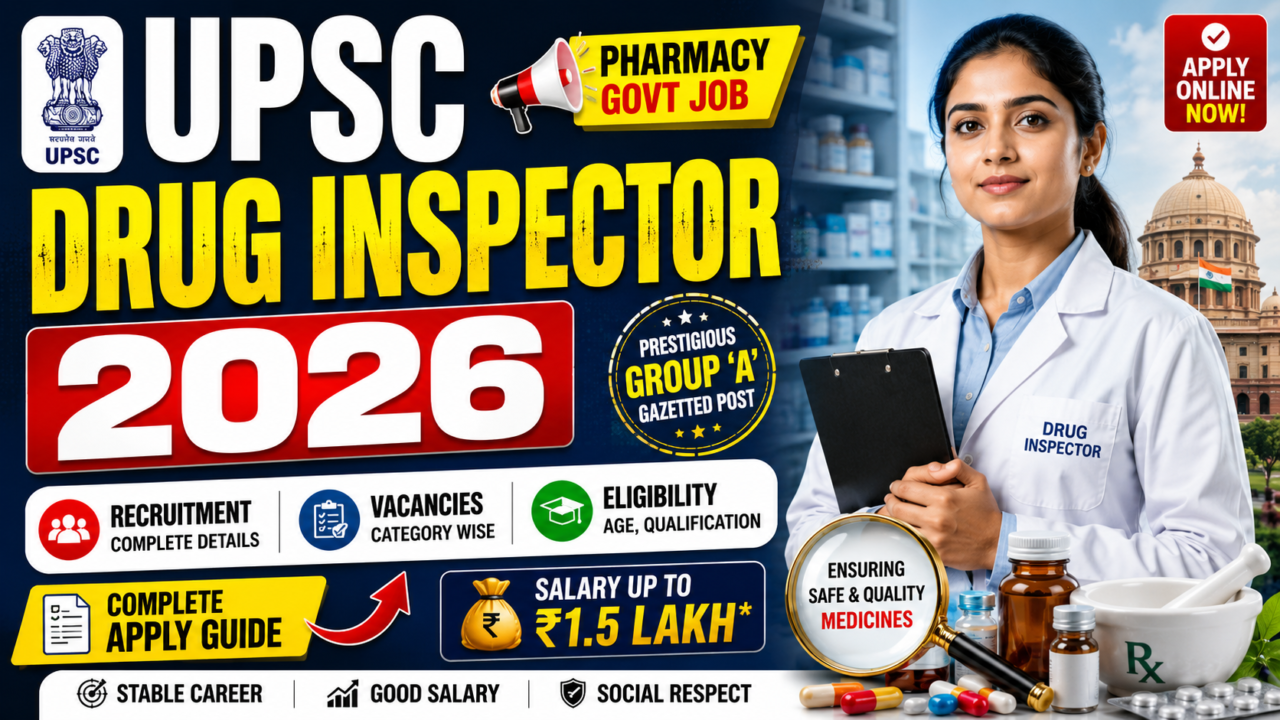 UPSC Drug Inspector 2026 recruitment thumbnail featuring a female drug inspector in lab coat, pharmacy medicines, government exam details, salary information, and bold yellow-red text on blue background.