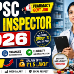 UPSC Drug Inspector 2026 recruitment thumbnail featuring a female drug inspector in lab coat, pharmacy medicines, government exam details, salary information, and bold yellow-red text on blue background.