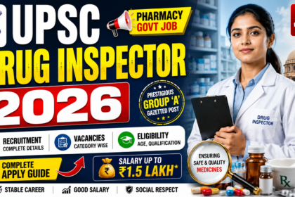 UPSC Drug Inspector 2026 recruitment thumbnail featuring a female drug inspector in lab coat, pharmacy medicines, government exam details, salary information, and bold yellow-red text on blue background.