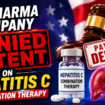Breaking-news style thumbnail showing “US Pharma Company Denied Patent” headline with hepatitis C therapy bottle, medical graphics, judge gavel, and US flag background in bold red, blue, and yellow colors.