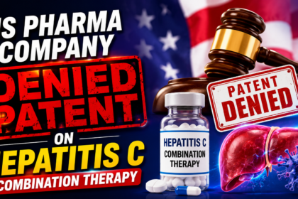 Breaking-news style thumbnail showing “US Pharma Company Denied Patent” headline with hepatitis C therapy bottle, medical graphics, judge gavel, and US flag background in bold red, blue, and yellow colors.