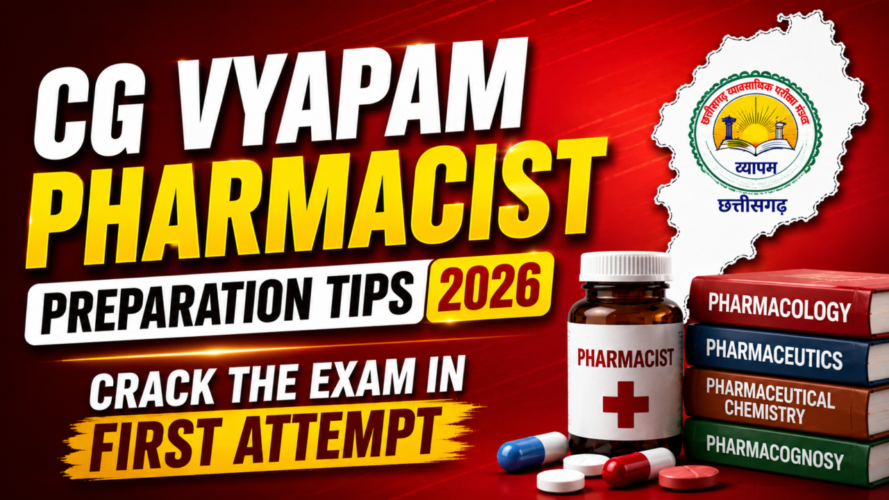 Bold red gradient thumbnail for CG Vyapam Pharmacist Preparation Tips 2026 featuring pharmacy books, medicine bottle, capsules, and Chhattisgarh Vyapam logo with modern exam preparation design.