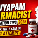 Bold red gradient thumbnail for CG Vyapam Pharmacist Preparation Tips 2026 featuring pharmacy books, medicine bottle, capsules, and Chhattisgarh Vyapam logo with modern exam preparation design.