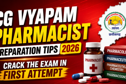 Bold red gradient thumbnail for CG Vyapam Pharmacist Preparation Tips 2026 featuring pharmacy books, medicine bottle, capsules, and Chhattisgarh Vyapam logo with modern exam preparation design.