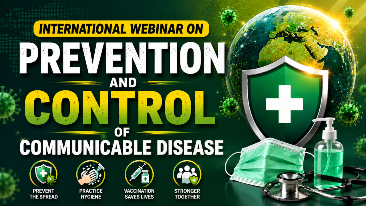 Professional webinar thumbnail about prevention and control of communicable diseases featuring a global health shield, Earth globe, virus icons, sanitizer bottle, face mask, and medical equipment on a green background.