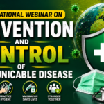 Professional webinar thumbnail about prevention and control of communicable diseases featuring a global health shield, Earth globe, virus icons, sanitizer bottle, face mask, and medical equipment on a green background.
