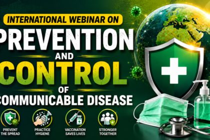 Professional webinar thumbnail about prevention and control of communicable diseases featuring a global health shield, Earth globe, virus icons, sanitizer bottle, face mask, and medical equipment on a green background.