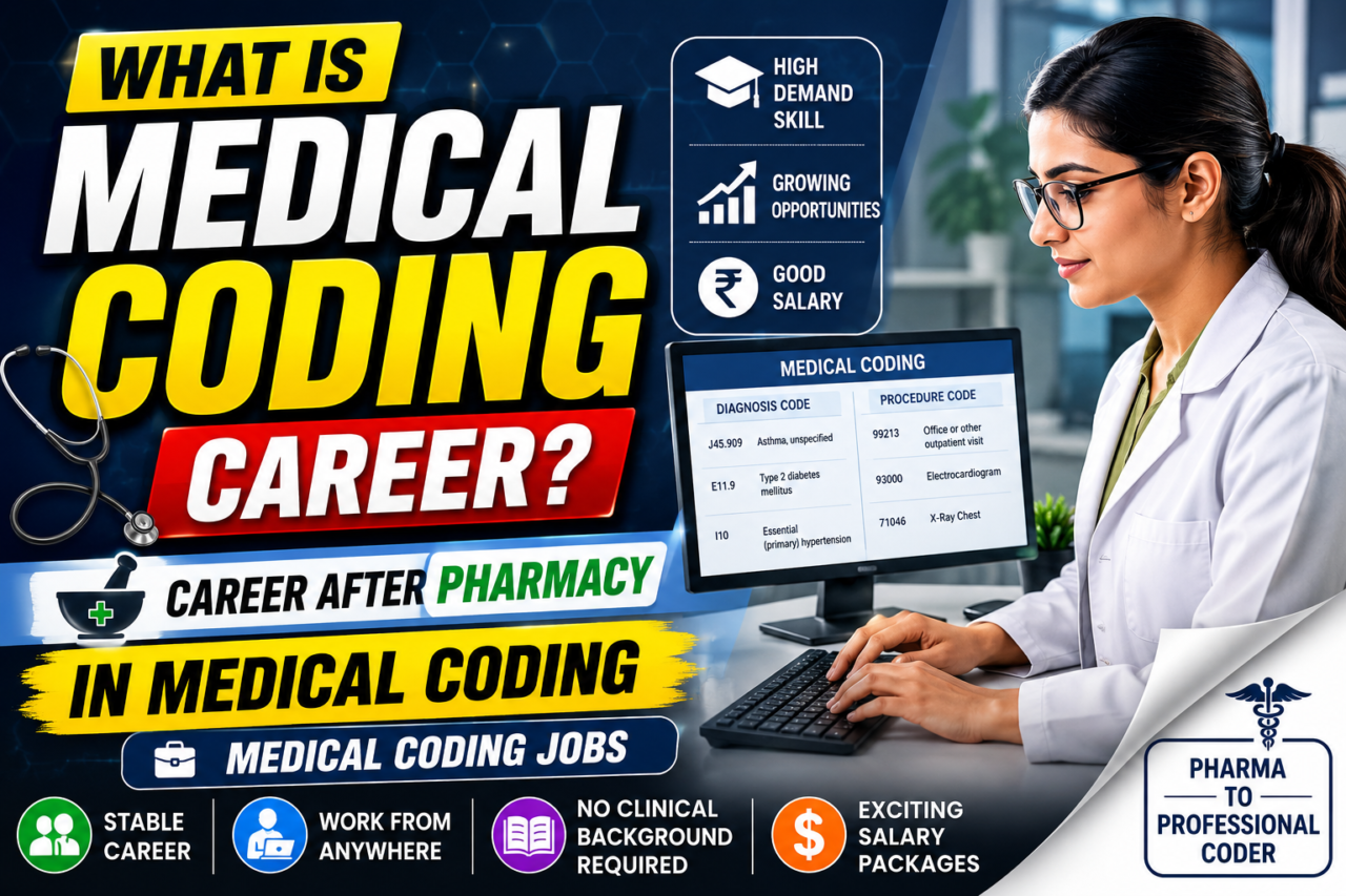 Thumbnail about Medical Coding career after Pharmacy featuring a professional coder, medical coding screen, and job opportunity highlights.