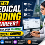 Thumbnail about Medical Coding career after Pharmacy featuring a professional coder, medical coding screen, and job opportunity highlights.