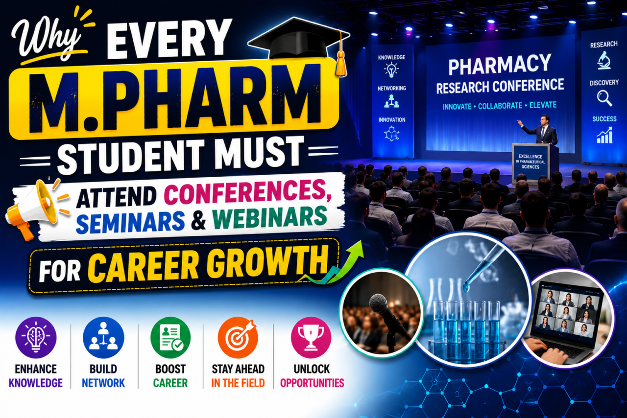 Thumbnail explaining why every M.Pharm student should attend conferences, seminars, and webinars for career growth, featuring a pharmacy research conference stage and professional development visuals.