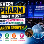 Thumbnail explaining why every M.Pharm student should attend conferences, seminars, and webinars for career growth, featuring a pharmacy research conference stage and professional development visuals.