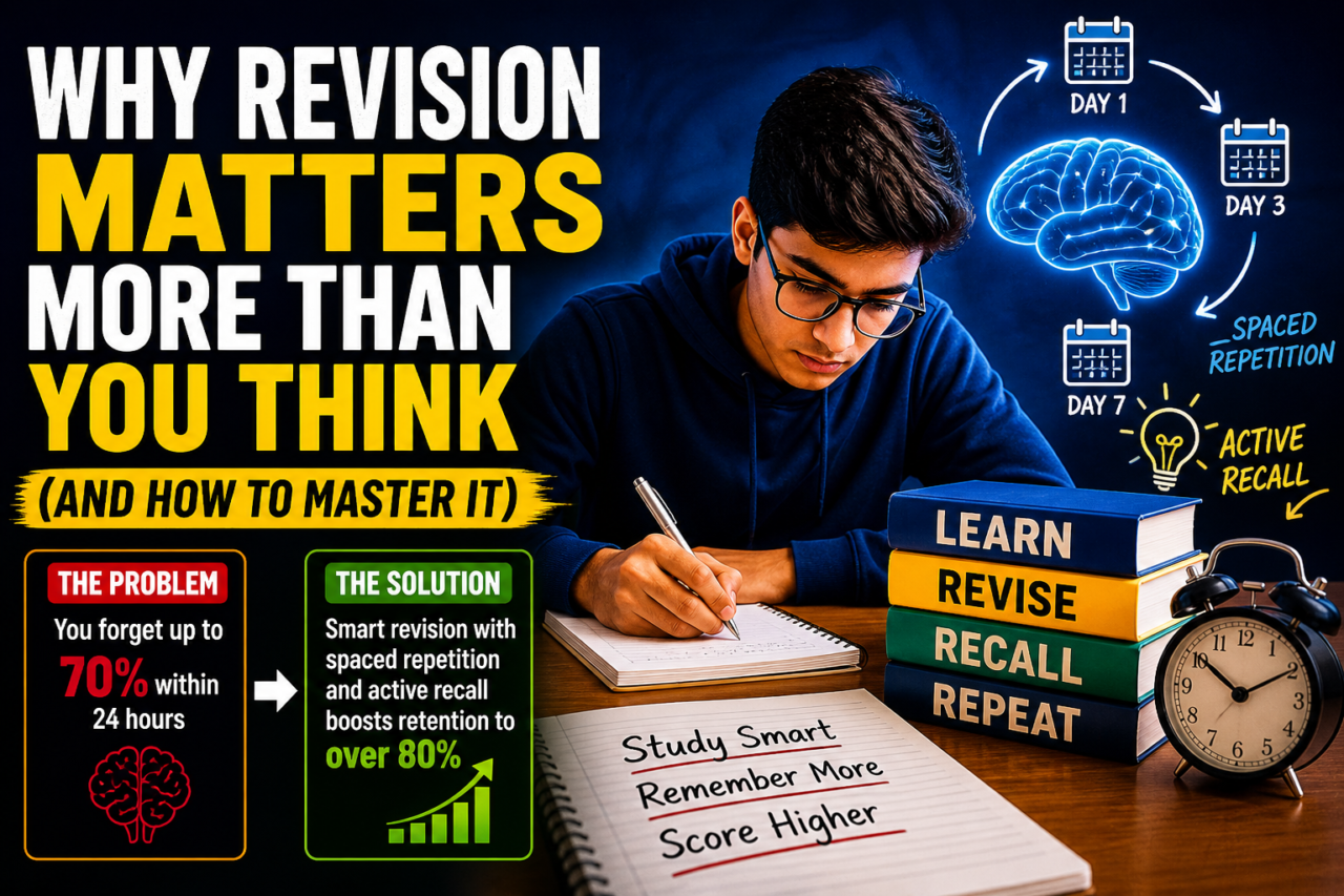 Student studying with focus showing revision techniques like spaced repetition and active recall for better memory and exam success