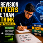 Student studying with focus showing revision techniques like spaced repetition and active recall for better memory and exam success