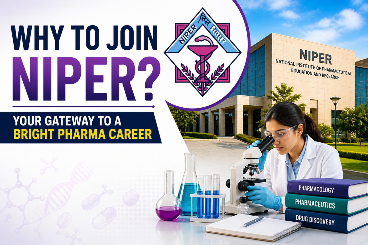 Students studying pharmaceutical research at NIPER with lab equipment and career growth visuals