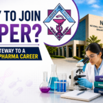 Students studying pharmaceutical research at NIPER with lab equipment and career growth visuals