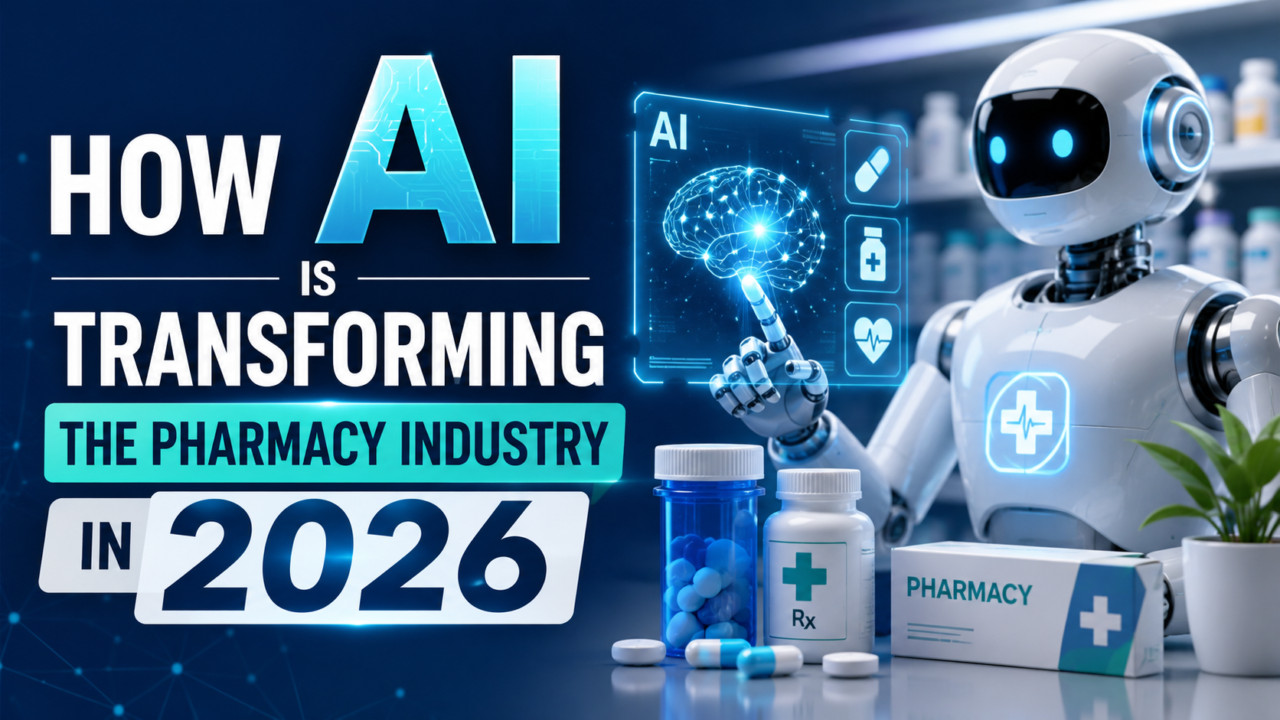 Futuristic pharmacy-themed thumbnail showing an AI robot, digital medical interface, medicine bottles, and glowing text about AI transforming the pharmacy industry in 2026.