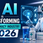 Futuristic pharmacy-themed thumbnail showing an AI robot, digital medical interface, medicine bottles, and glowing text about AI transforming the pharmacy industry in 2026.