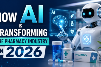 Futuristic pharmacy-themed thumbnail showing an AI robot, digital medical interface, medicine bottles, and glowing text about AI transforming the pharmacy industry in 2026.