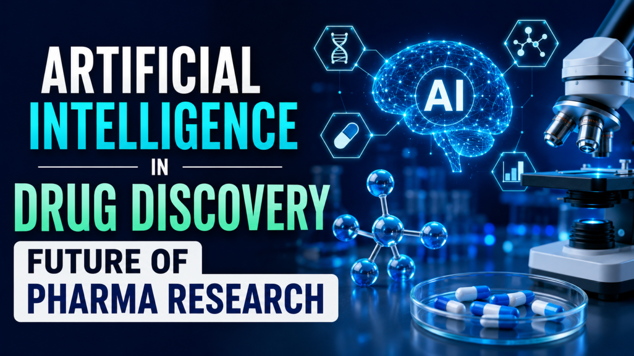 Futuristic AI-themed pharmaceutical thumbnail featuring a glowing digital brain, microscope, molecular structure, and medicine capsules with bold text about artificial intelligence in drug discovery.