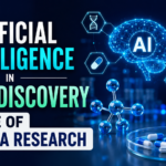Futuristic AI-themed pharmaceutical thumbnail featuring a glowing digital brain, microscope, molecular structure, and medicine capsules with bold text about artificial intelligence in drug discovery.