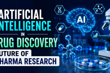 Futuristic AI-themed pharmaceutical thumbnail featuring a glowing digital brain, microscope, molecular structure, and medicine capsules with bold text about artificial intelligence in drug discovery.