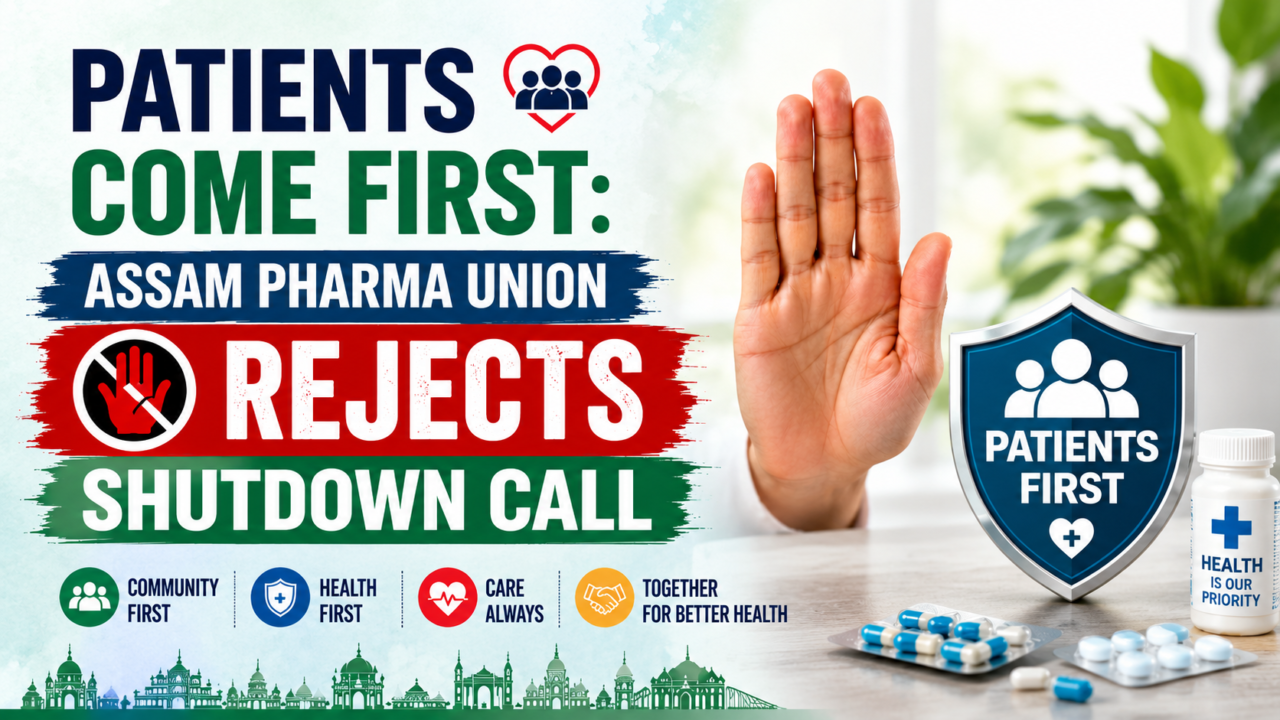 Healthcare awareness poster featuring “Patients Come First” message with Assam Pharma Union rejecting shutdown call, doctor stop gesture, patient safety shield, and medical background in green and white theme.