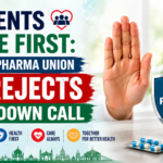 Healthcare awareness poster featuring “Patients Come First” message with Assam Pharma Union rejecting shutdown call, doctor stop gesture, patient safety shield, and medical background in green and white theme.