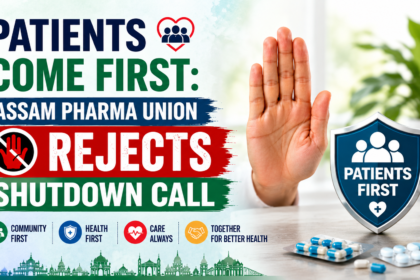 Healthcare awareness poster featuring “Patients Come First” message with Assam Pharma Union rejecting shutdown call, doctor stop gesture, patient safety shield, and medical background in green and white theme.