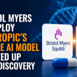 Modern AI and pharmaceutical technology thumbnail showing Bristol Myers Squibb and Anthropic Claude AI collaboration for faster drug discovery with DNA background and medicine capsule.