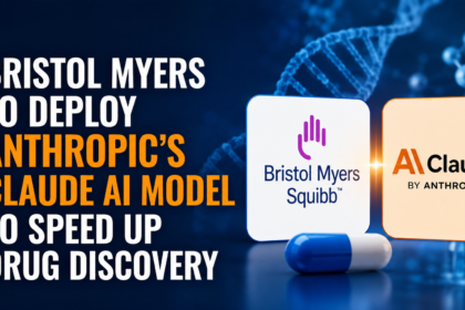 Modern AI and pharmaceutical technology thumbnail showing Bristol Myers Squibb and Anthropic Claude AI collaboration for faster drug discovery with DNA background and medicine capsule.