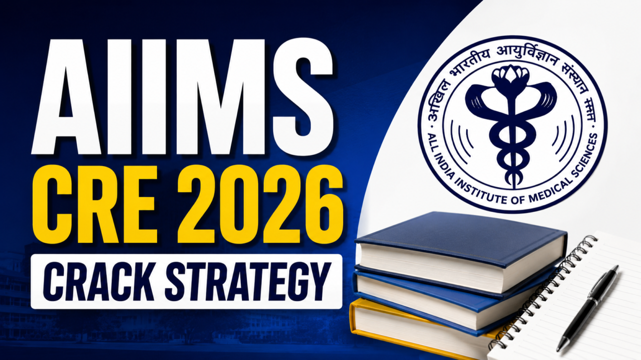 AIIMS CRE 2026 crack strategy YouTube thumbnail with bold blue and yellow design, AIIMS logo, books, notebook, and preparation theme.