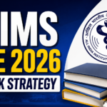AIIMS CRE 2026 crack strategy YouTube thumbnail with bold blue and yellow design, AIIMS logo, books, notebook, and preparation theme.