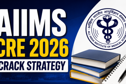 AIIMS CRE 2026 crack strategy YouTube thumbnail with bold blue and yellow design, AIIMS logo, books, notebook, and preparation theme.