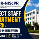 CSIR-NIScPR Project Staff Recruitment 2026 walk-in interview thumbnail featuring institute building, recruitment banner, interview date, and timing details in blue and yellow theme.