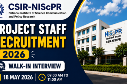 CSIR-NIScPR Project Staff Recruitment 2026 walk-in interview thumbnail featuring institute building, recruitment banner, interview date, and timing details in blue and yellow theme.