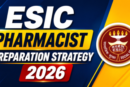 Bold ESIC Pharmacist Preparation Strategy 2026 thumbnail with blue and yellow gradient background, large white typography, and official ESIC logo on the right side.