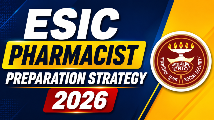 Bold ESIC Pharmacist Preparation Strategy 2026 thumbnail with blue and yellow gradient background, large white typography, and official ESIC logo on the right side.