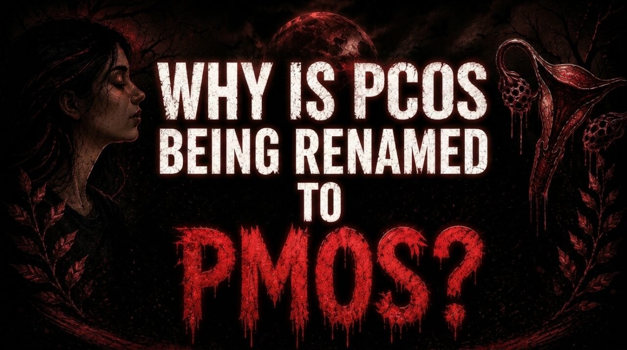 Dark red and black graphic asking “Why Is PCOS Being Renamed to PMOS?” featuring a woman’s silhouette and reproductive health illustration.