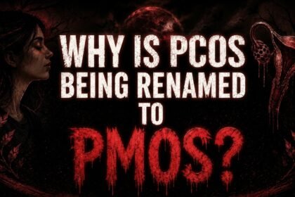 Dark red and black graphic asking “Why Is PCOS Being Renamed to PMOS?” featuring a woman’s silhouette and reproductive health illustration.