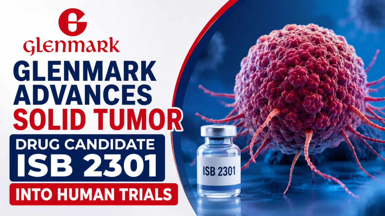 Professional pharmaceutical news thumbnail featuring Glenmark branding, a cancer tumor illustration, and ISB 2301 vial with bold text about advancing solid tumor drug candidate into human trials.