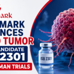 Professional pharmaceutical news thumbnail featuring Glenmark branding, a cancer tumor illustration, and ISB 2301 vial with bold text about advancing solid tumor drug candidate into human trials.