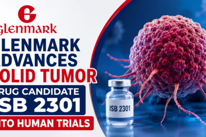 Professional pharmaceutical news thumbnail featuring Glenmark branding, a cancer tumor illustration, and ISB 2301 vial with bold text about advancing solid tumor drug candidate into human trials.