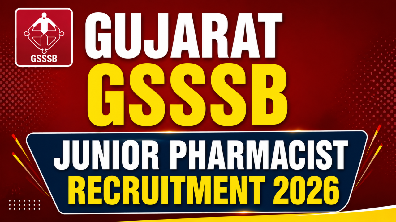 Bold red and yellow thumbnail for Gujarat GSSSB Junior Pharmacist Recruitment 2026 with modern typography and recruitment banner design.