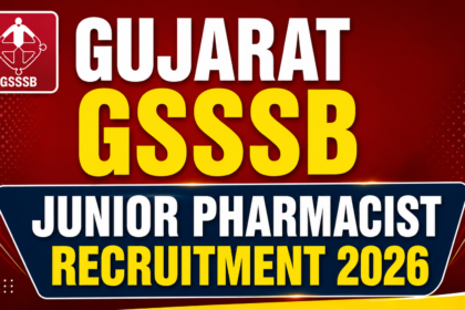 Bold red and yellow thumbnail for Gujarat GSSSB Junior Pharmacist Recruitment 2026 with modern typography and recruitment banner design.