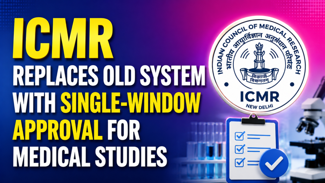 Thumbnail showing ICMR's new single-window approval system for medical studies with ICMR logo, approval checklist, laboratory equipment, and a blue-pink gradient background.